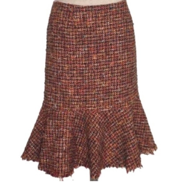 Trina Turk Tweed Pencil Skirt Red Brown Fluted 4 - Picture 1 of 8